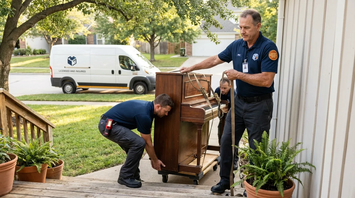 Licensed piano movers securing grand piano in West Salem, WI