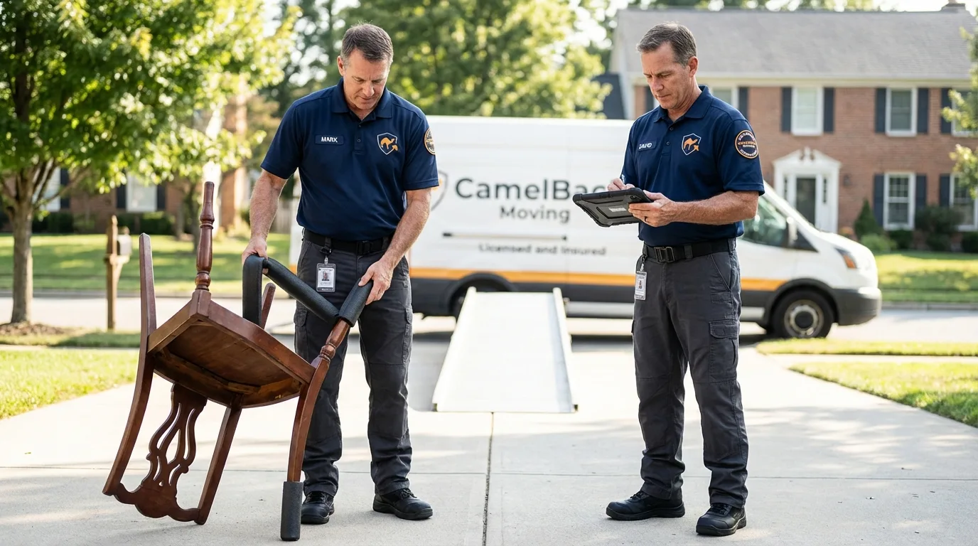 Movers inspecting furniture for damage prevention before loading in West Salem, WI
