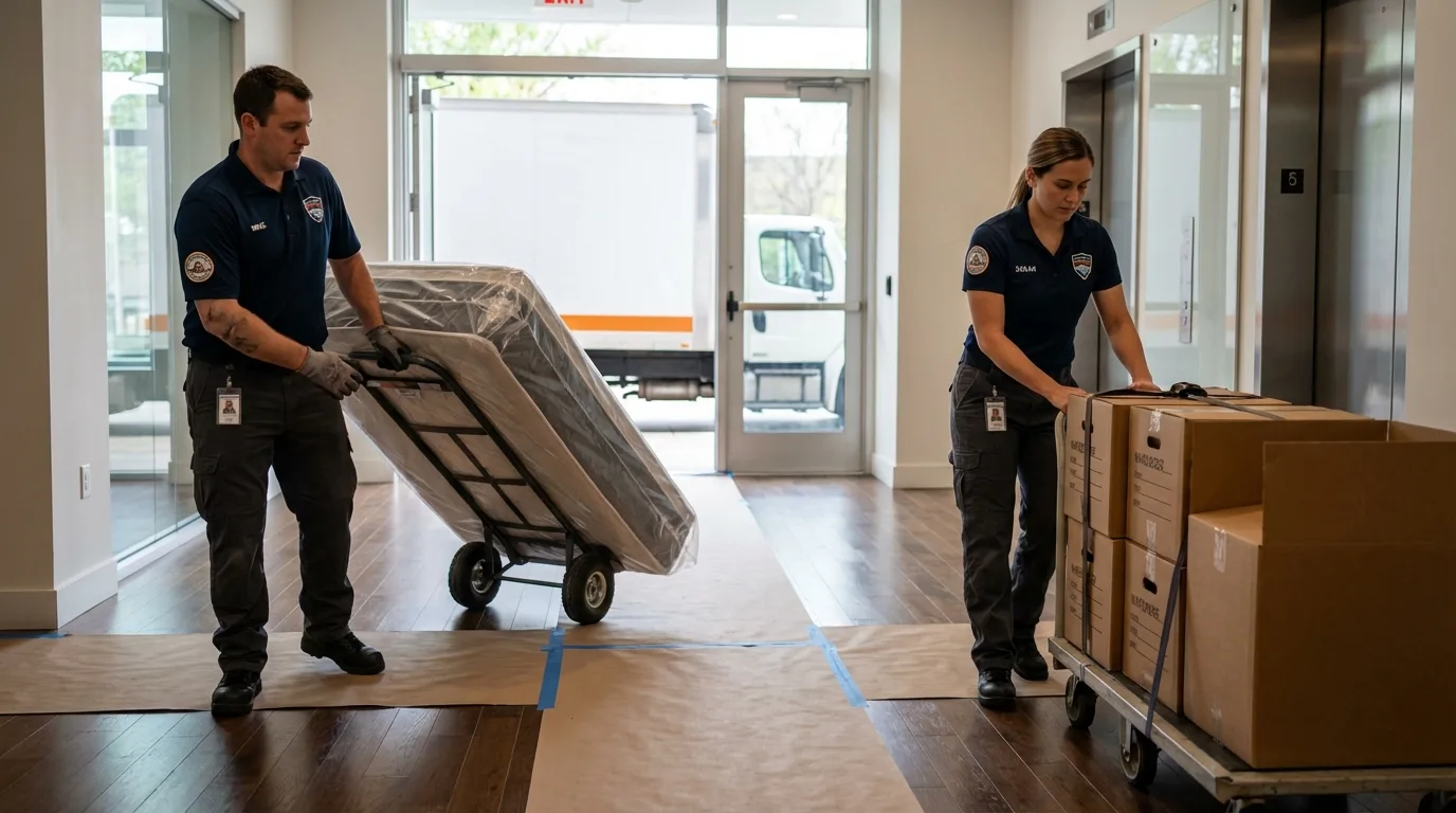 Professional apartment movers loading elevator in West Salem, WI