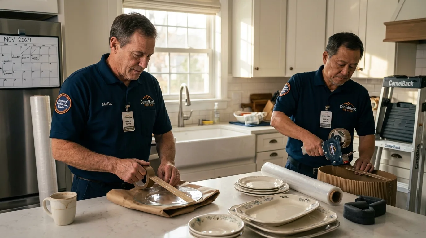 Professional crew packing kitchen dishware in West Salem, WI